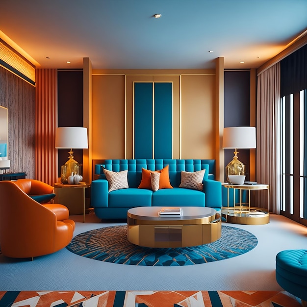 elegante sala de estar com um aconchegante sofá azul e móveis modernos