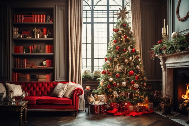 Elegante sala de estar decorada para férias de inverno Interior aconchegante com árvore de Natal festiva Fundo de ano novo