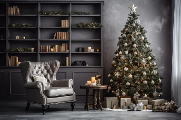 Elegante sala de estar decorada para férias de inverno Interior aconchegante com árvore de Natal festiva Fundo de ano novo