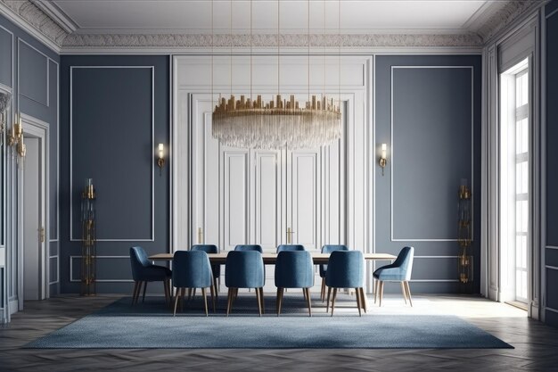 Elegante sala de jantar com cadeiras azuis e um deslumbrante candelabro Generative AI