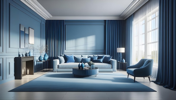 Elegante sala de estar azul