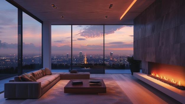 Una elegante sala de estar con una chimenea minimalista y cielos estrellados ver ilustración generada por IA
