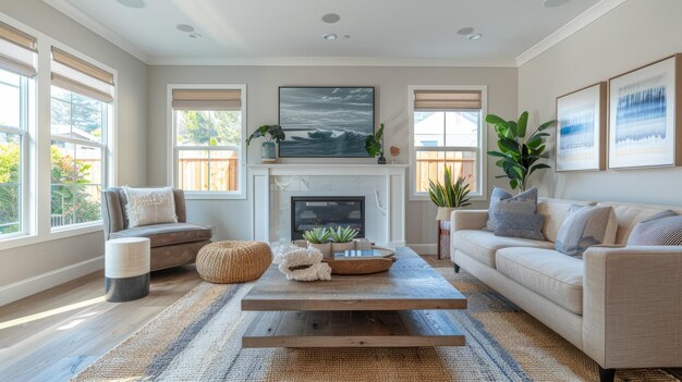 Una elegante sala de estar con una chimenea, TV y asientos cómodos