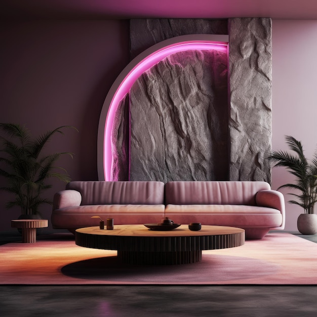 Elegante sala de estar contemporánea acogedora con luz de fondo rosa cómodo sofá mesa de café
