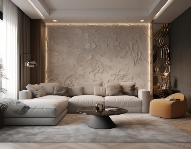 elegante sala de estar contemporánea con asientos de peluche y decoración de lujo