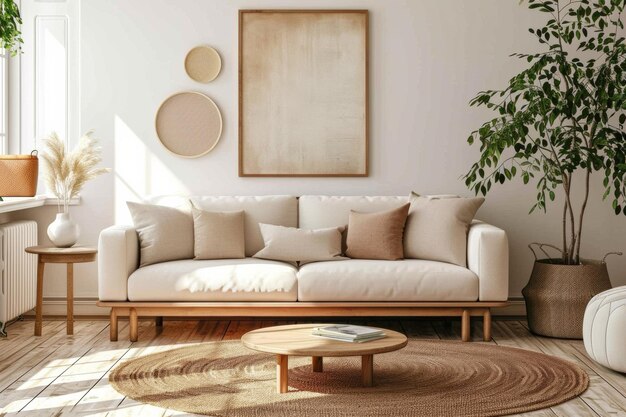 Elegante sala de estar con decoración inspirada en la primavera y un póster de mockup de moda