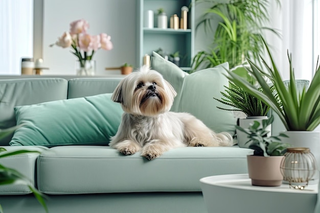 Elegante sala de estar escandinava en un apartamento moderno con un sofá de menta, mesa de centro, muebles, plantas y hermosos accesorios. Un lindo perro está acurrucado en el sofá. Mobiliario para el hogar.