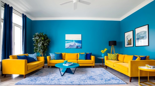 una elegante sala de estar moderna con una pared pintada de azul