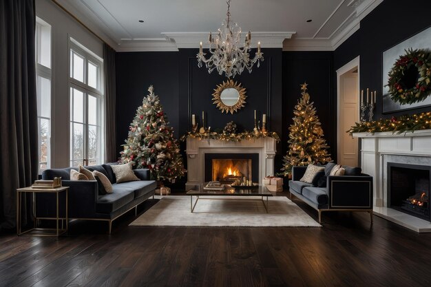 Elegante sala de estar navideña con chimenea