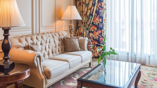 Elegante sala de estar con sofá de aspecto clásico cortinas de colores Generativo Ai