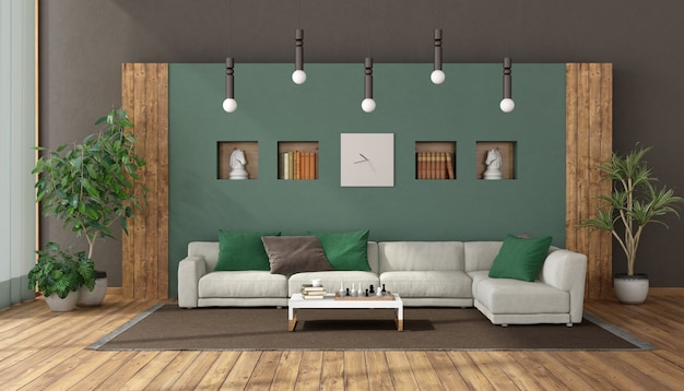 Elegante sala de estar con sofá blanco contra la pared verde