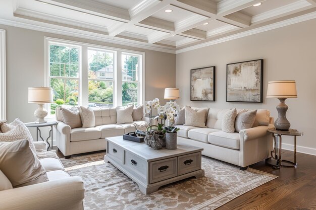 Elegante sala de estar con sofá blanco y mesa de café blanca