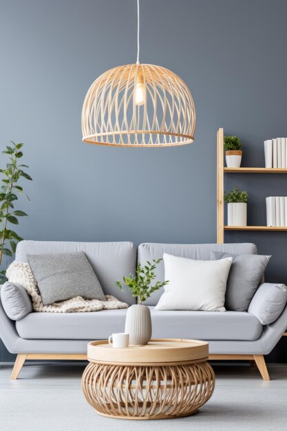 Foto una elegante sala de estar con un sofá gris una mesa de café de madera y una lámpara de mimbre