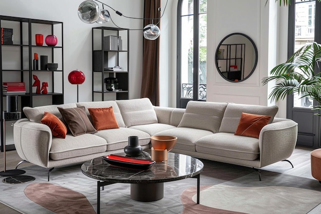 Elegante sala de estar con sofá y maqueta de pared
