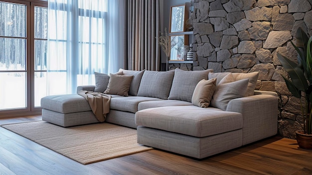 Elegante sala de estar con sofá seccional gris moderno y pared de piedra