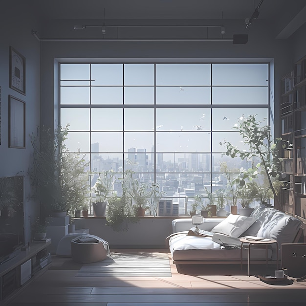 Elegante sala de estar con vistas al paisaje de la ciudad