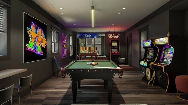 elegante sala de juegos moderna con máquinas arcade de mesa de billar y arte de neón