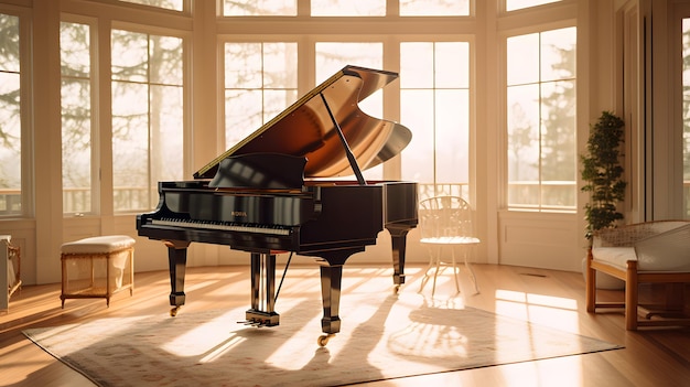 Foto elegante sala de piano iluminada por el sol