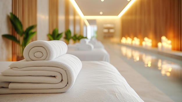 Elegante sala de relajación de spa adornada con toallas de peluche y luz de velas ambientales