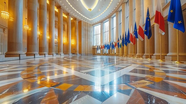 Foto elegante salão do parlamento europeu com chão de mármore e bandeiras nacionais