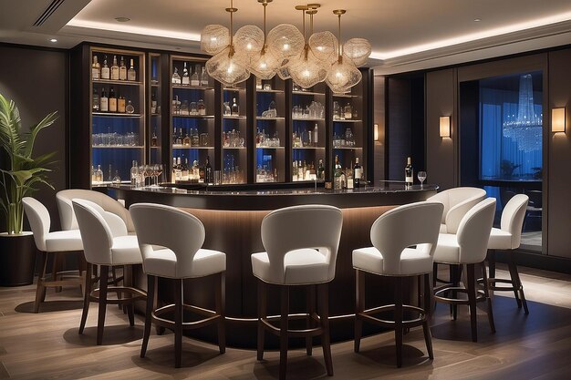 elegante salón-bar con sillas blancas y iluminación ambiental