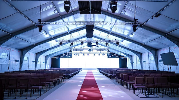 Foto elegante salón de eventos preparado para una gala con alfombra roja listo para dar la bienvenida a los invitados a una función exclusiva de ia