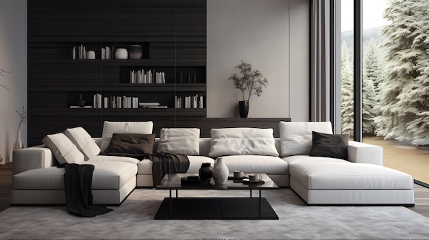 elegante salón monocromático sala de estar con decoración minimalista moderna