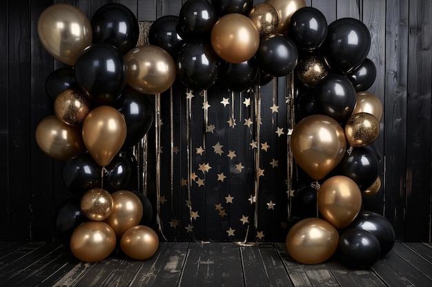 Foto elegante schwarz-goldene ballons mit festlichem partydekor