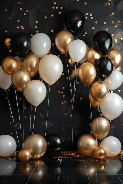 Elegante schwarz-goldene Ballons mit festlichem Partydekor