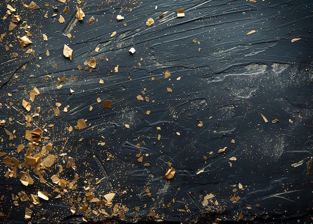 Elegante schwarze Karte, umgeben von goldenen Konfetti auf einer textierten grauen Oberfläche, perfekt für Einladungen