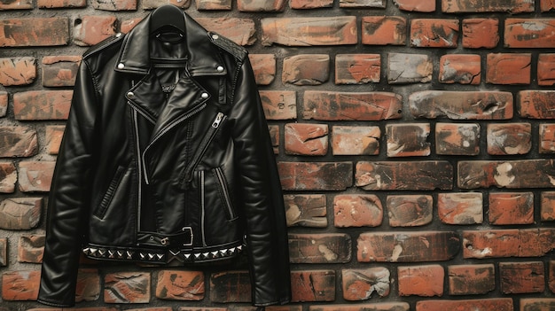 Elegante schwarze Lederjacke hängt an einer rustikalen Ziegelsteinwand