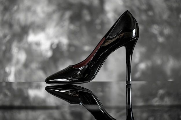 Foto elegante schwarze stilettohöhe auf einem glänzenden boden mit verschwommenem hintergrund, der ein luxuriöses erscheinungsbild verleiht