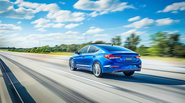 elegante sedán azul acelerando por la autopista bajo un cielo despejado imagen perfecta para anuncios de automóviles concepto de viaje por carretera dinámico vehículo moderno en movimiento IA