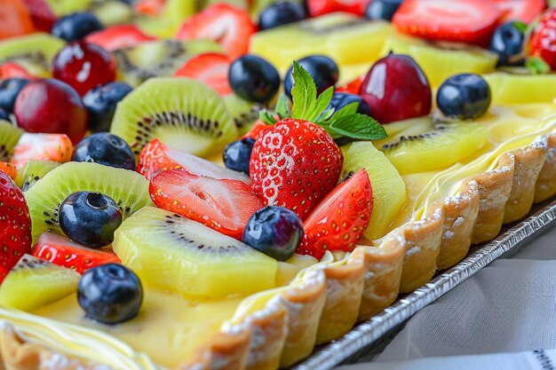 Foto elegante selección de pasteles franceses con guarnición de frutas frescas