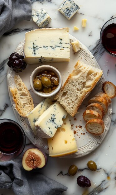 Elegante selección de queso con uvas y pan