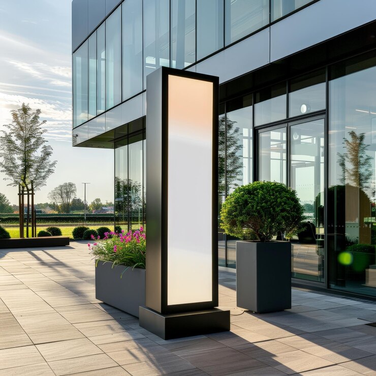 elegante sello de tótem moderno en la oficina corporativa durante el día con estética de primera calidad ubicación de la oficina delantera vista desde la perspectiva