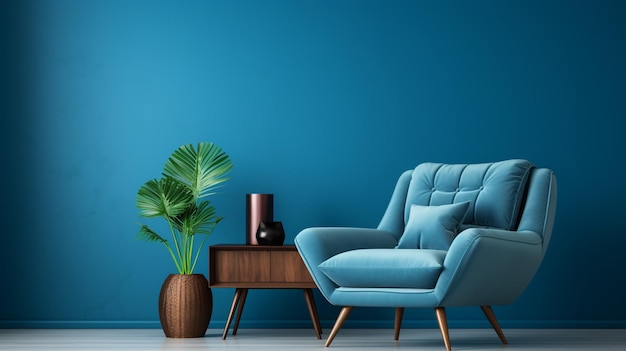 elegante sillón azul ubicado en una habitación adornada con tonos azules y plantas exuberantes Generative Ai