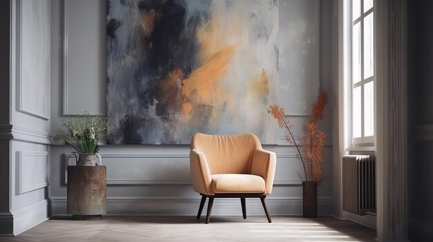 Elegante sillón gris y hermosa pintura cerca de la pared blanca Ai generativo