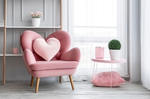 Elegante sillón rosa con almohada en forma de corazón en un interior minimalista brillante genera ai