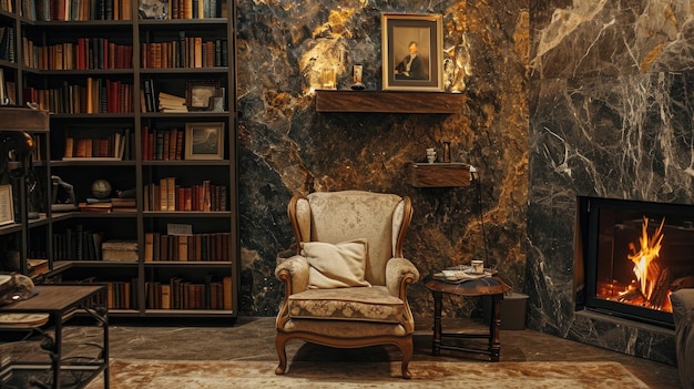 Elegante sillón vintage junto a la chimenea en la acogedora sala de la biblioteca