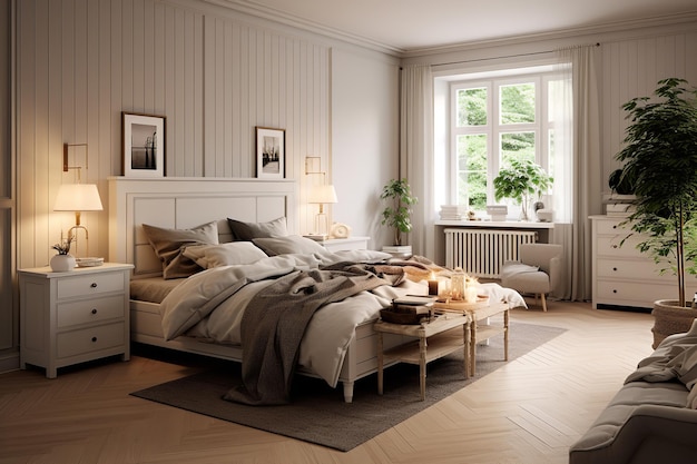 Elegante skandinavische Schlafzimmer-Inneneinrichtung. Innenarchitektur
