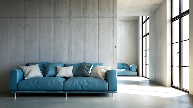 Foto elegante sofá azul en un interior gris minimalista