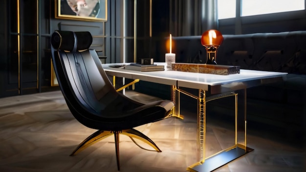 Foto elegante sofá de couro e candelabros na mesa de café perto da parede cinza claro design de interiores