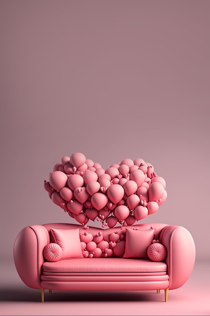 Elegante sofá rosa con globos en un interior minimalista y luminoso Detalles interiores de la sala de estar Diseño interior romántico Imagen generada por IA