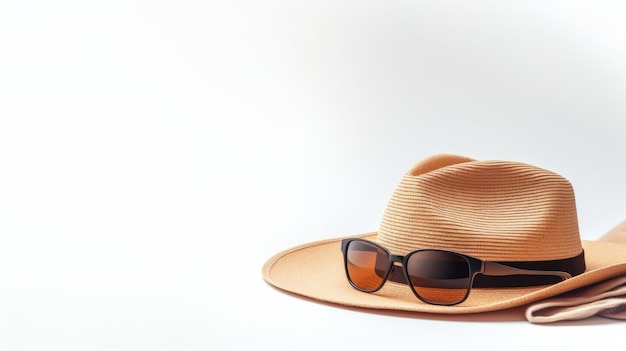 Foto un elegante sombrero de paja y gafas de sol en una superficie blanca