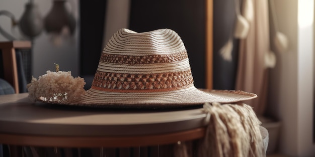 El elegante sombrero de paja de la mujer en la mesa