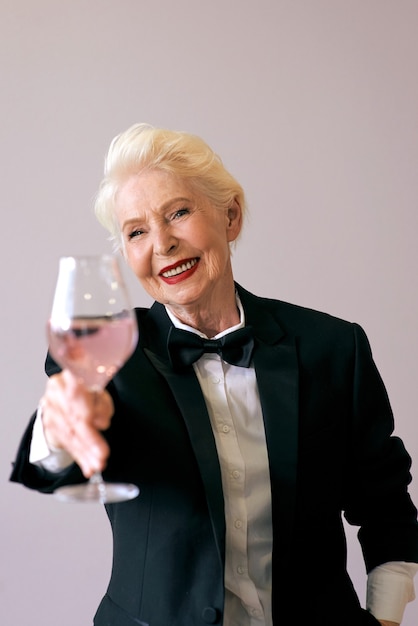 elegante sommelier madura mulher sênior de smoking com uma taça de vinho