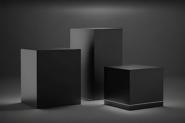 Elegante soporte de tres cubos negros para maqueta de colocación de productos Fondo de escena de exhibición de podio oscuro Sala de exhibición de plataforma de caja mínima con luz puntual IA generativa