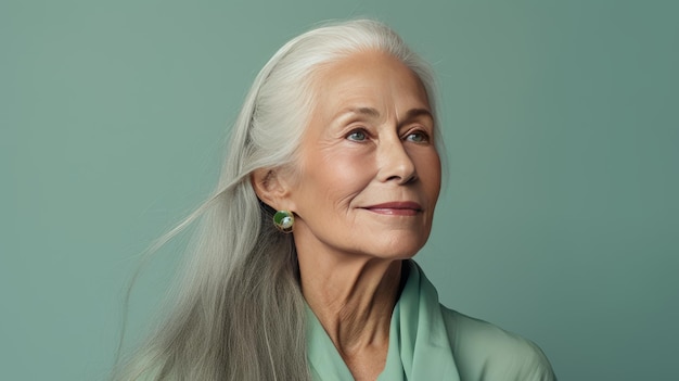 Elegante sorridente idosa mulher chique com cabelos longos cinzentos e pele perfeita em bandeira de fundo verde