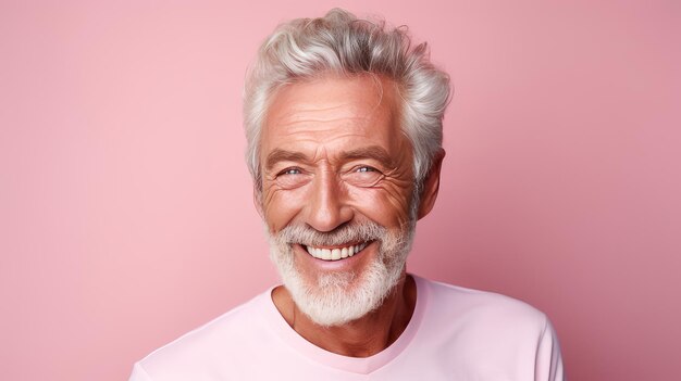 Elegante sorridente idoso loiro caucasiano com cabelos grisalhos com pele perfeita em bandeira de fundo rosa